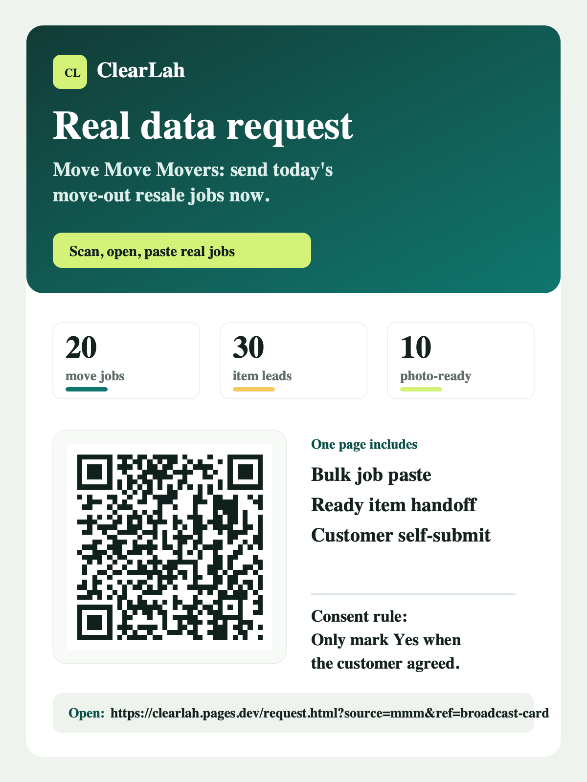 ClearLah real data request broadcast card